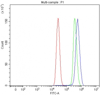 Flow cytometry testing of human MCF7 cells with SDCBP2 antibody at 1ug/million cells (blocked with goat sera); Red=cells alone, Green=isotype control, Blue= SDCBP2 antibody.