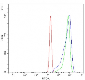 Flow cytometry testing of human U-2 OS cells with Endophilin-A3 antibody at 1ug/million cells (blocked with goat sera); Red=cells alone, Green=isotype control, Blue= Endophilin-A3 antibody.