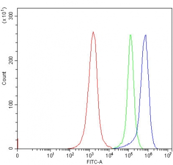 Flow cytometry testing of human Jurkat cells with FATP5 antibody at 1ug/million cells (blocked with goat sera); Red=cells alone, Green=isotype control, Blue= FATP5 antibody.