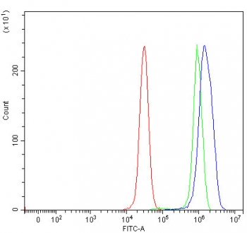 Flow cytometry testing of human 293T cells with mSin3A antibody at 1ug/million cells (blocked with goat sera); Red=cells alone, Green=isotype control, Blue= mSin3A antibody.