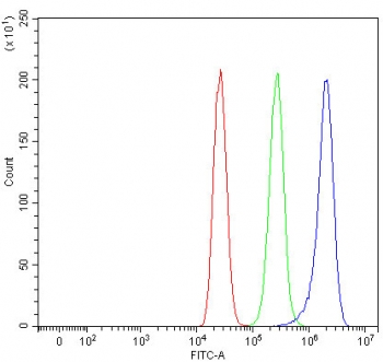 Flow cytometry testing of human MCF7 cells with SLC25A24 antibody at 1ug/million cells (blocked with goat sera); Red=cells alone, Green=isotype control, Blue= SLC25A24 antibody.