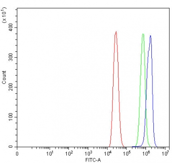 Flow cytometry testing of human A431 cells with Transcription factor SP1 antibody at 1ug/million cells (blocked with goat sera); Red=cells alone, Green=isotype control, Blue= Transcription factor SP1 antibody.