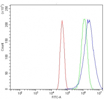 Flow cytometry testing of human U-251 cells with EHD4 antibody at 1ug/million cells (blocked with goat sera); Red=cells alone, Green=isotype control, Blue= EHD4 antibody.