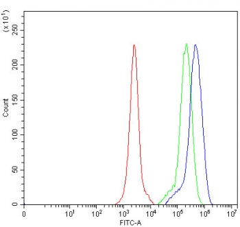Flow cytometry testing of human HL-60 cells with PAO-1 antibody at 1ug/million cells (blocked with goat sera); Red=cells alone, Green=isotype control, Blue= PAO-1 antibody.