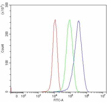 Flow cytometry testing of human U-87 MG cells with Nesprin 3 antibody at 1ug/million cells (blocked with goat sera); Red=cells alone, Green=isotype control, Blue= Nesprin 3 antibody.