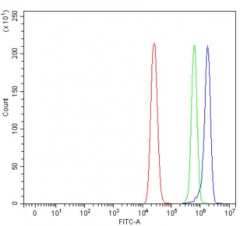 Flow cytometry testing of human MCF7 cells with DBL antibody at 1ug/million cells (blocked with goat sera); Red=cells alone, Green=isotype control, Blue= DBL antibody.