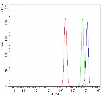 Flow cytometry testing of human MCF7 cells with ASNS antibody at 1ug/million cells (blocked with goat sera); Red=cells alone, Green=isotype control, Blue= ASNS antibody.