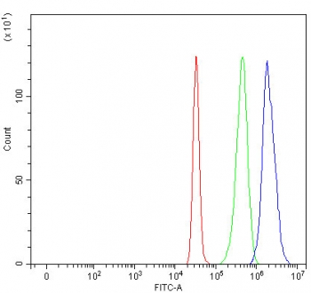 Flow cytometry testing of fixed and permeabilized human HepG2 cells with PRMT7 antibody at 1ug/million cells (blocked with goat sera); Red=cells alone, Green=isotype control, Blue= PRMT7 antibody.