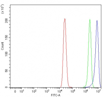 Flow cytometry testing of fixed and permeabilized human MCF7 cells with NECAB2 antibody at 1ug/million cells (blocked with goat sera); Red=cells alone, Green=isotype control, Blue= NECAB2 antibody.