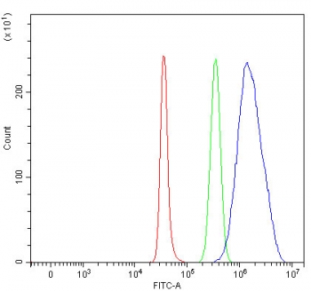 Flow cytometry testing of fixed and permeabilized human SH-SY5Y cells with NHP2 antibody at 1ug/million cells (blocked with goat sera); Red=cells alone, Green=isotype control, Blue= NHP2 antibody.