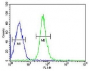 HMGA2 antibody flow cytometric analysis of HepG2 cells (right histogram) compared to a negative control (left histogram). FITC-conjugated goat-anti-rabbit secondary Ab was used for the analysis.