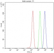 Flow cytometry testing of fixed and permeabilized human PC-3 cells with CUL2 antibody at 1ug/million cells (blocked with goat sera); Red=cells alone, Green=isotype control, Blue= CUL2 antibody.