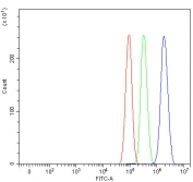 Flow cytometry testing of human PC-3 cells with BAF57 antibody at 1ug/million cells (blocked with goat sera); Red=cells alone, Green=isotype control, Blue= BAF57 antibody.