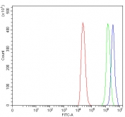 Flow cytometry testing of human ThP-1 cells with SNF2H antibody at 1ug/million cells (blocked with goat sera); Red=cells alone, Green=isotype control, Blue= SNF2H antibody.