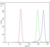 Flow cytometry testing of human HEL cells with Ribonuclease K6 antibody at 1ug/million cells (blocked with goat sera); Red=cells alone, Green=isotype control, Blue= Ribonuclease K6 antibody.