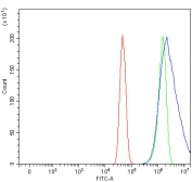 Flow cytometry testing of human U-251 cells with AP-B antibody at 1ug/million cells (blocked with goat sera); Red=cells alone, Green=isotype control, Blue= AP-B antibody.
