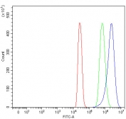 Flow cytometry testing of fixed and permeabilized human 293T cells with NDRG4 antibody at 1ug/million cells (blocked with goat sera); Red=cells alone, Green=isotype control, Blue= NDRG4 antibody.