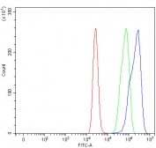 Flow cytometry testing of fixed and permeabilized human MCF7 cells with Nardilysin antibody at 1ug/million cells (blocked with goat sera); Red=cells alone, Green=isotype control, Blue= Nardilysin antibody.