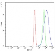 Flow cytometry testing of fixed and permeabilized human MCF7 cells with NSMCE2 antibody at 1ug/million cells (blocked with goat sera); Red=cells alone, Green=isotype control, Blue= NSMCE2 antibody.