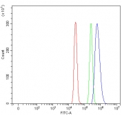 Flow cytometry testing of fixed and permeabilized human HepG2 cells with MYT1L antibody at 1ug/million cells (blocked with goat sera); Red=cells alone, Green=isotype control, Blue= MYT1L antibody.