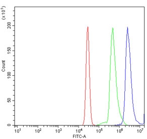 Flow cytometry testing of human U937 cells with STAT6 antibody at 1ug/million cells (blocked with goat sera); Red=cells alone, Green=isotype control, Blue= STAT6 antibody.