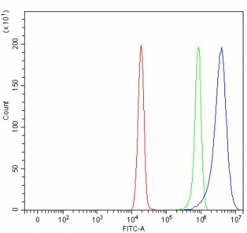 Flow cytometry testing of fixed and permeabilized human HeLa cells with MYO6 antibody at 1ug/million cells (blocked with goat sera); Red=cells alone, Green=isotype control, Blue= MYO6 antibody.